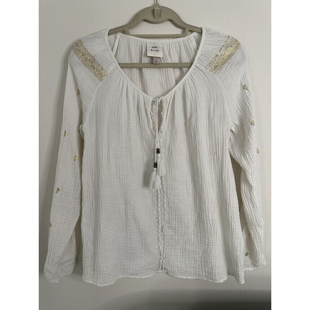 Knox Rose Women’s Top Size M, White and Gold With Lace Design, Gauze, Cotton